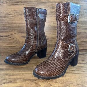 Matisse Lone brown snakeskin embossed leather buckle full zip up boots heeled